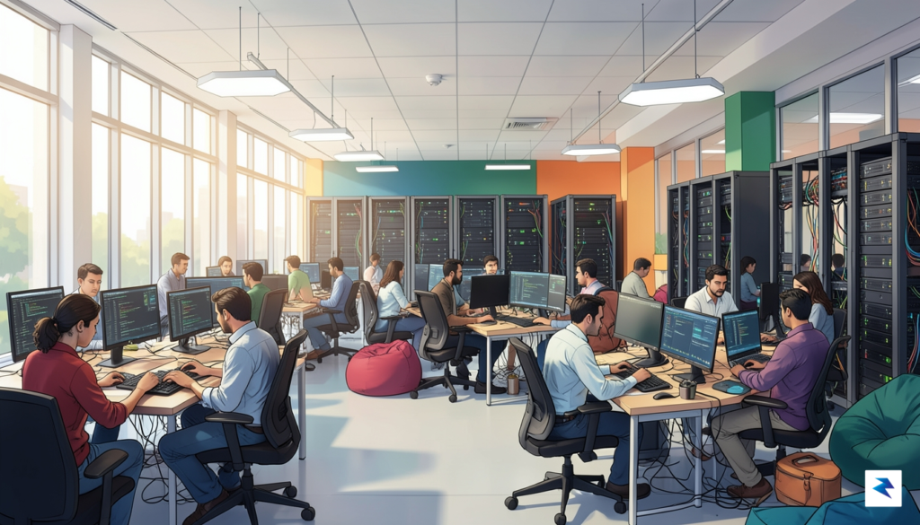 A modern, brightly lit Indian tech hub interior with diverse&hellip;