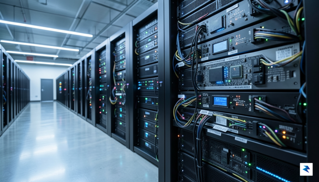 A modern, high-tech data center interior with rows of glowing…