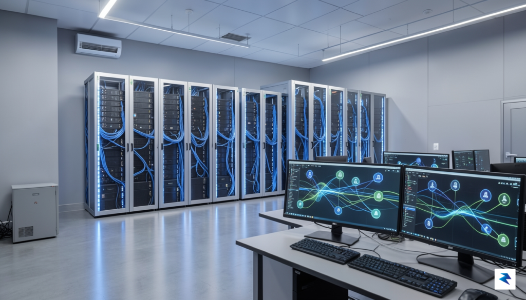 A modern, high-tech server room interior featuring rows of glowing…