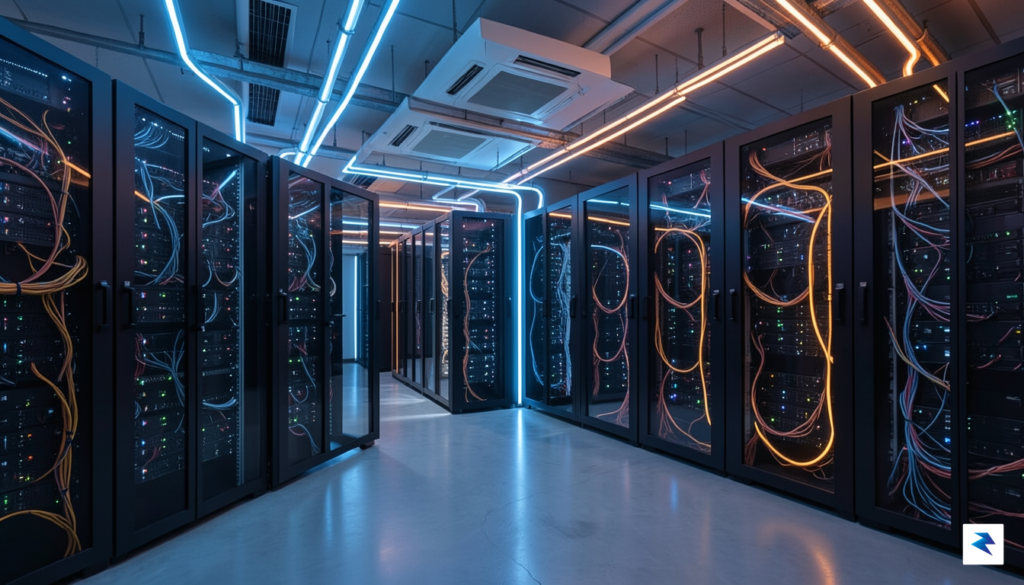 A modern, high-tech server room data center with glowing blue…