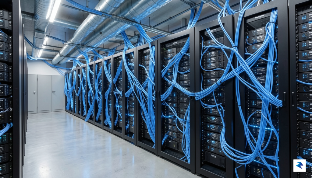 A modern, high-tech server room with glowing blue fiber optic…