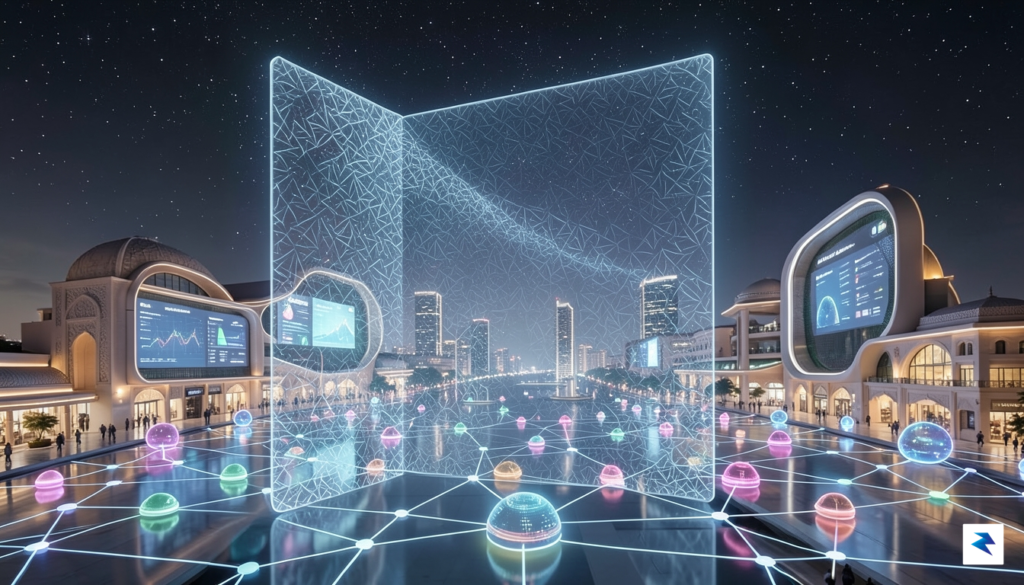 A conceptual digital landscape showing a secure, transparent data shield&hellip;