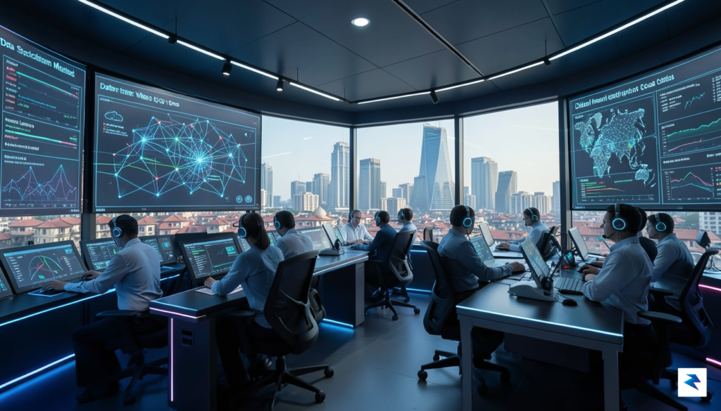A modern, high-tech control room in Mumbai with digital overlays&hellip;