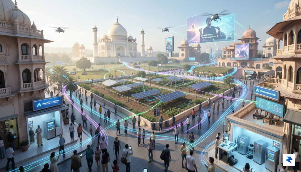 A wide-angle digital illustration showing a futuristic, interconnected Indian smart&hellip;