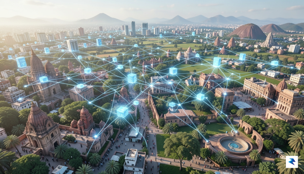 A futuristic digital visualization of a 5G network mesh connecting&hellip;