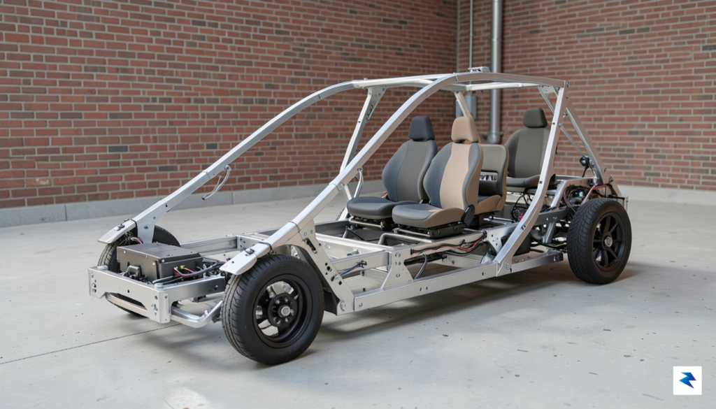 A sleek, minimalist modular electric vehicle chassis shown in an&hellip;