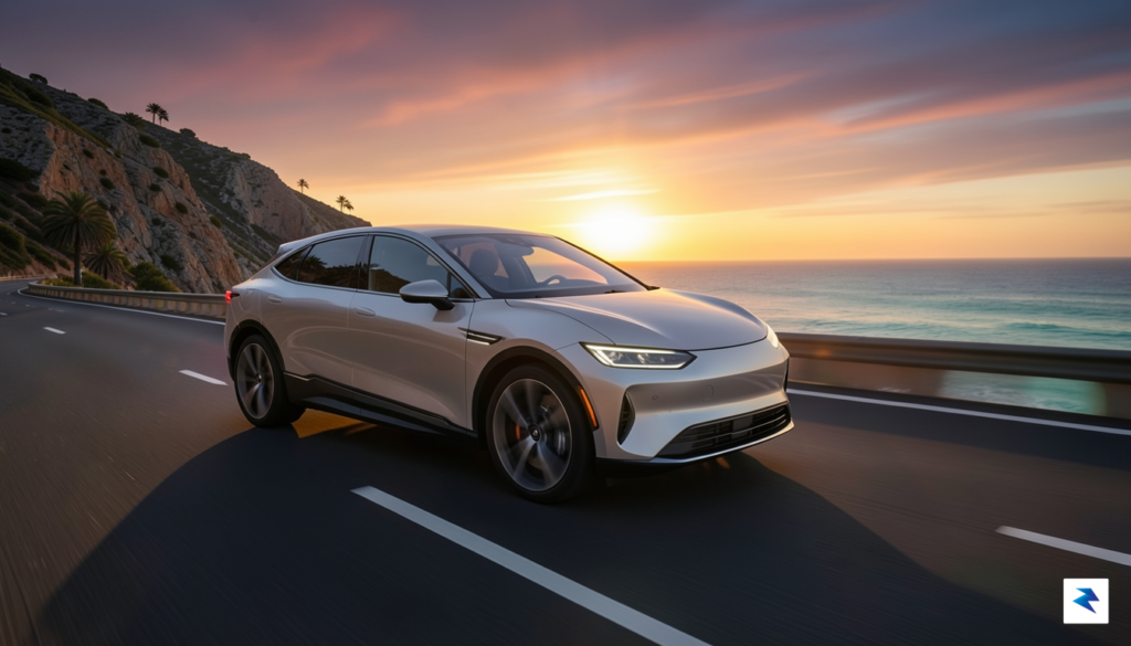 A sleek, futuristic electric vehicle driving on a coastal highway&hellip;