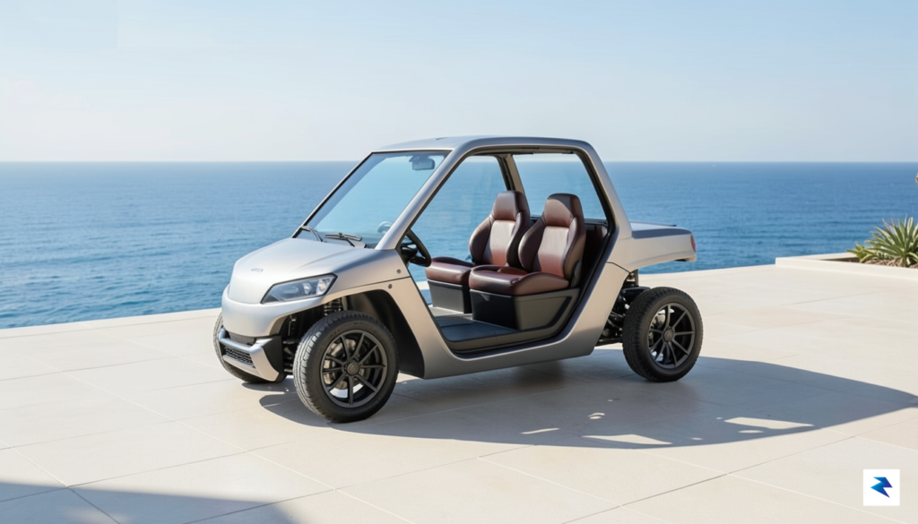 A sleek, minimalist electric utility vehicle parked on a pristine,&hellip;