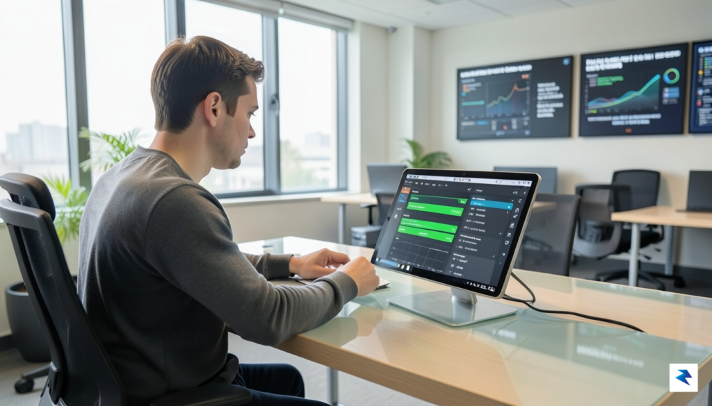 A modern IT office setting with a technician working on…
