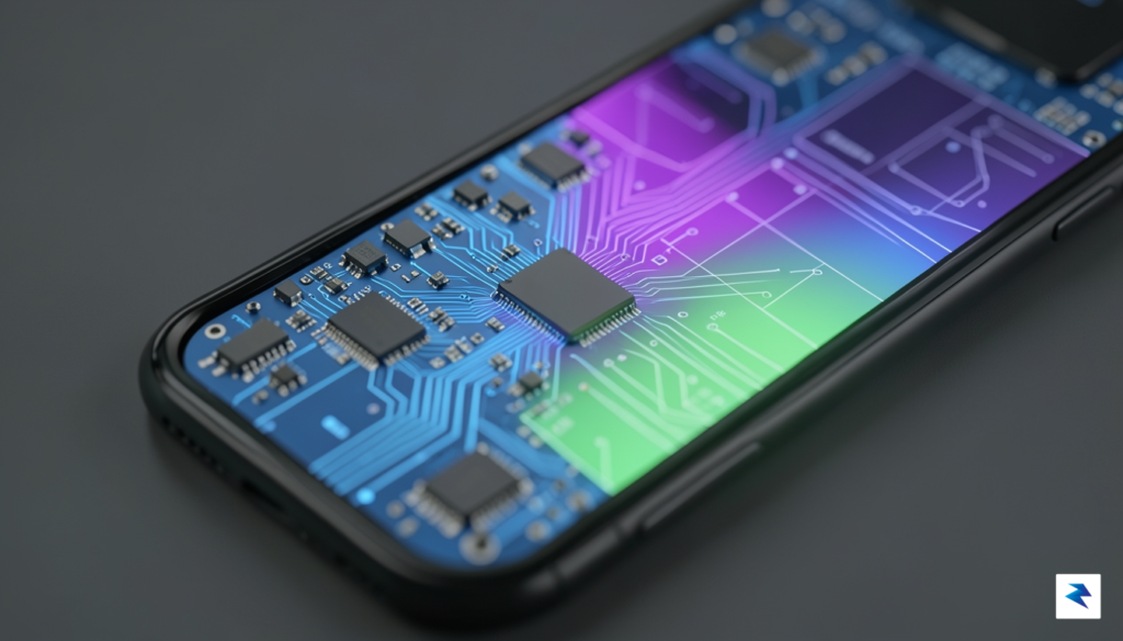 A close-up, high-definition conceptual shot of a smartphone internal circuit…