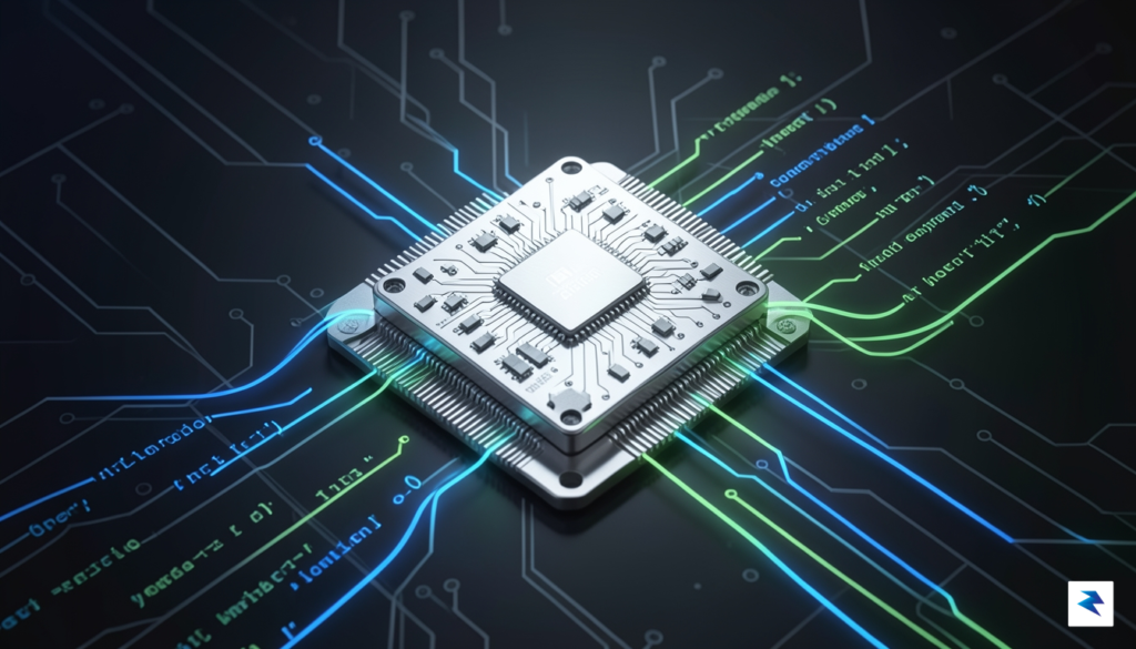 A sleek, high-tech conceptual illustration showing a digital blueprint of…