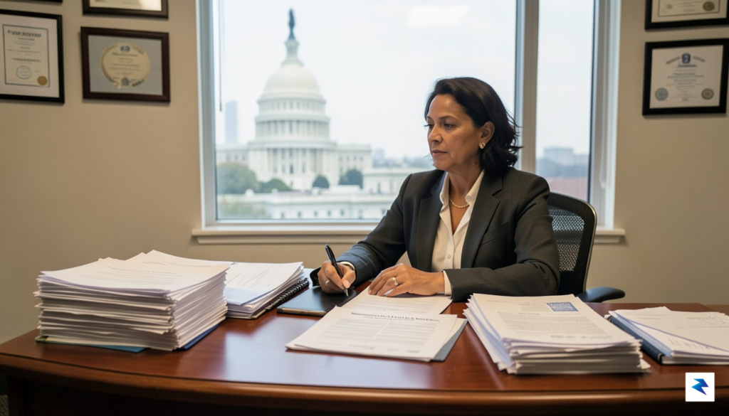 A candid photograph of FCC Commissioner Anna Gomez sitting at…