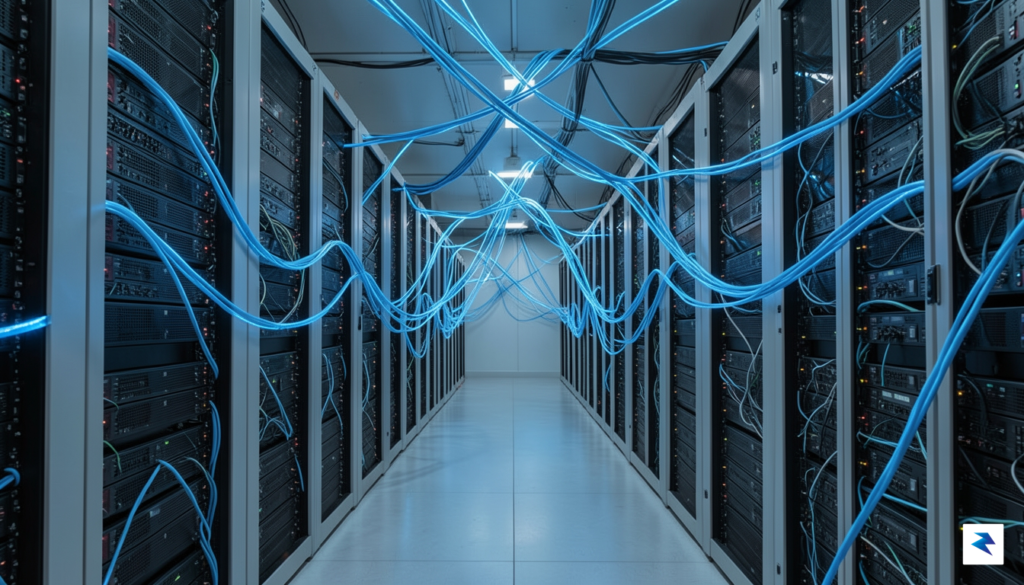 A wide-angle, cinematic shot of a massive, modern server room…
