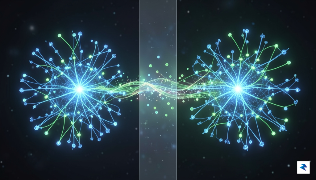 A digital conceptual illustration showing two glowing, interconnected neural network&hellip;