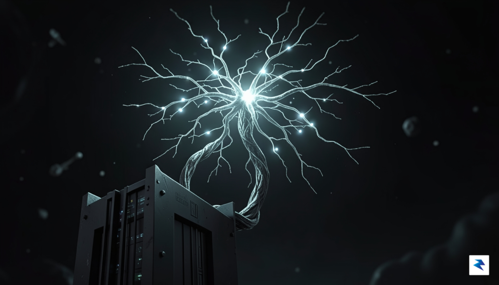 A conceptual digital illustration showing a glowing, intricate neural network&hellip;