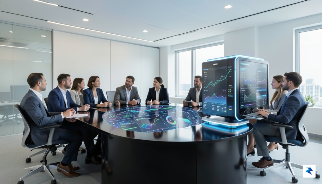A sleek, professional office environment featuring a digital interface displaying&hellip;