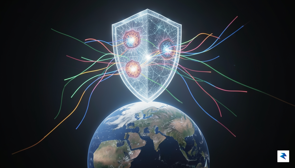 A conceptual digital illustration showing a glowing, layered glass shield&hellip;
