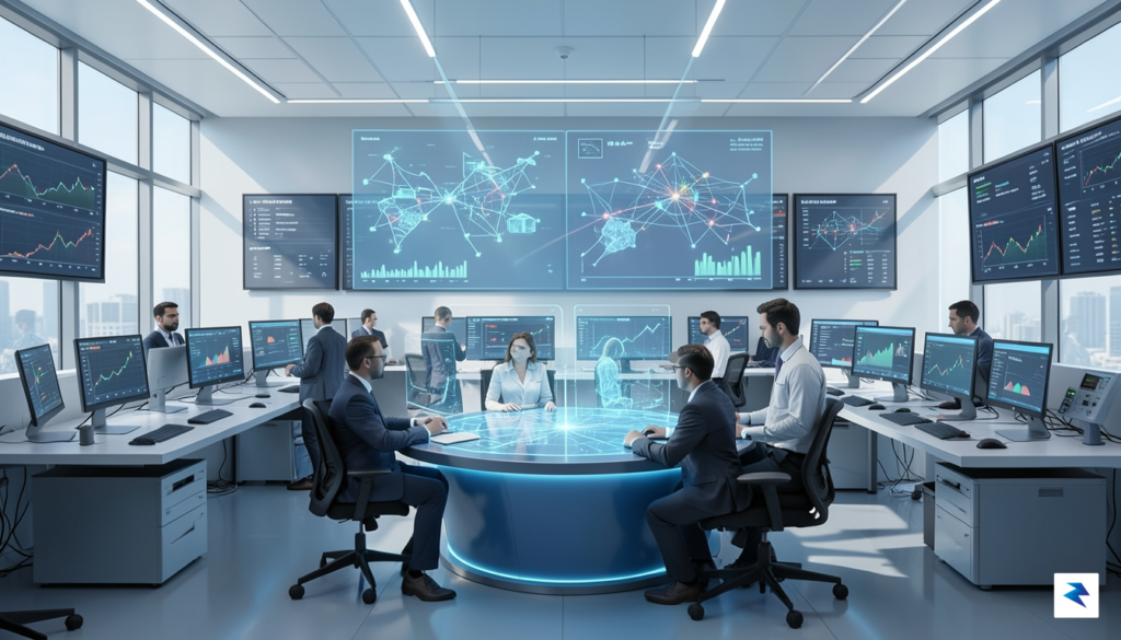 A modern, high-tech control room with multiple holographic displays showing&hellip;