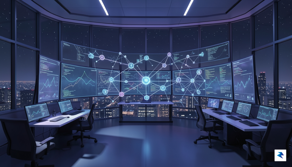 A conceptual digital illustration of a corporate control room showing&hellip;