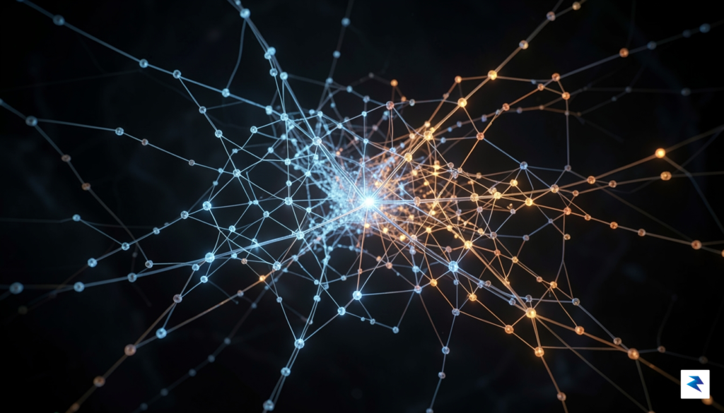 A conceptual digital art piece showing a glowing, complex neural&hellip;