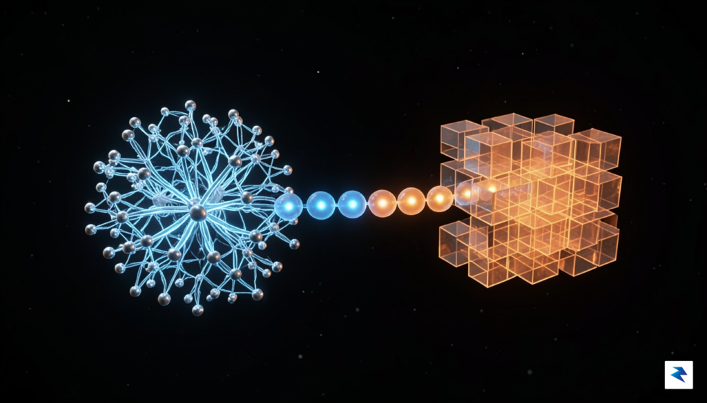 A conceptual 3D render showing two glowing, distinct data structures;&hellip;