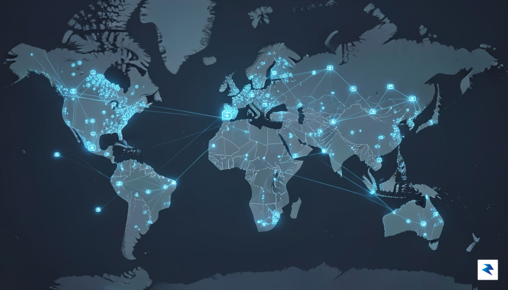 A conceptual digital illustration showing a glowing, decentralized network of…