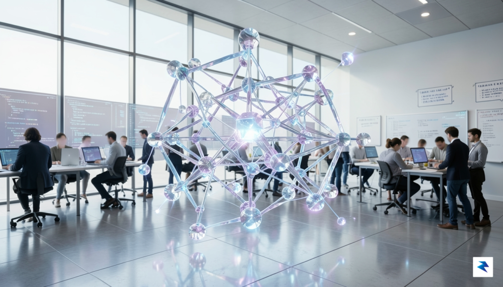 A digital visualization of a transparent, crystalline neural network structure,…