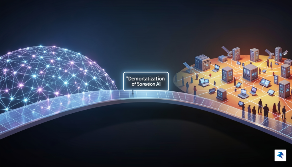 A conceptual illustration showing a digital bridge connecting a translucent,…