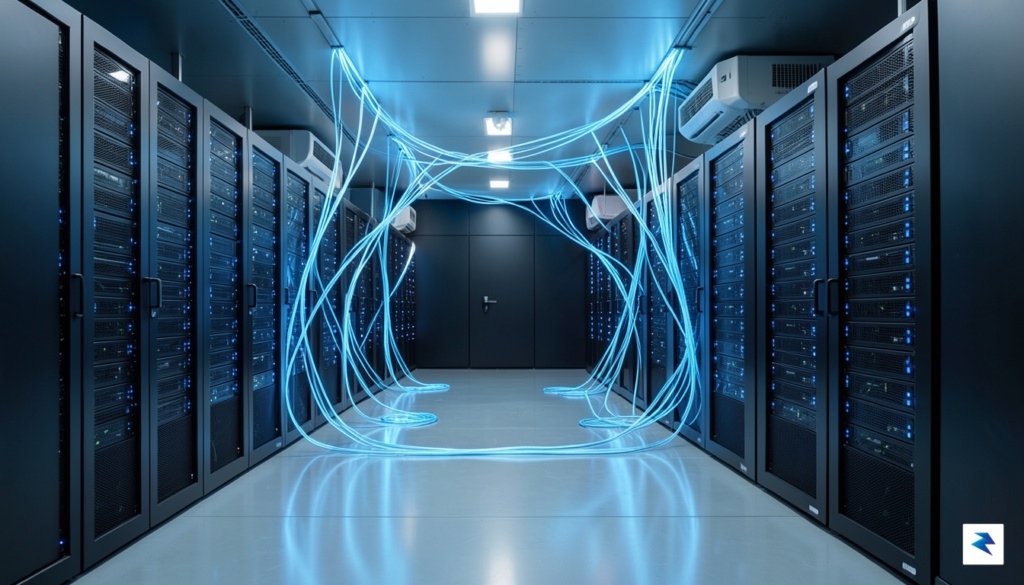A modern, high-tech server room with glowing blue fiber optic…