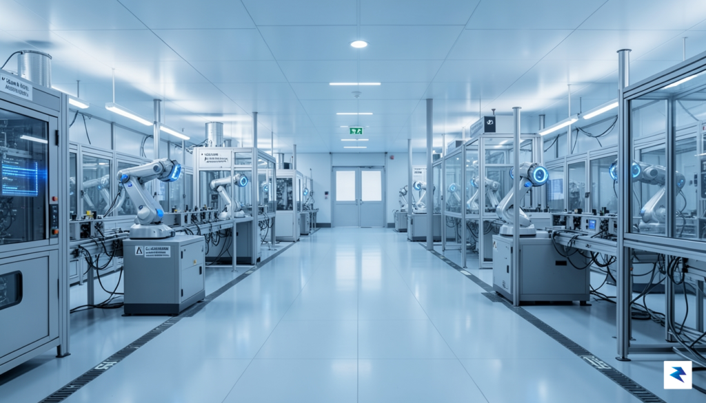 A modern, high-tech semiconductor fabrication plant in the United States…