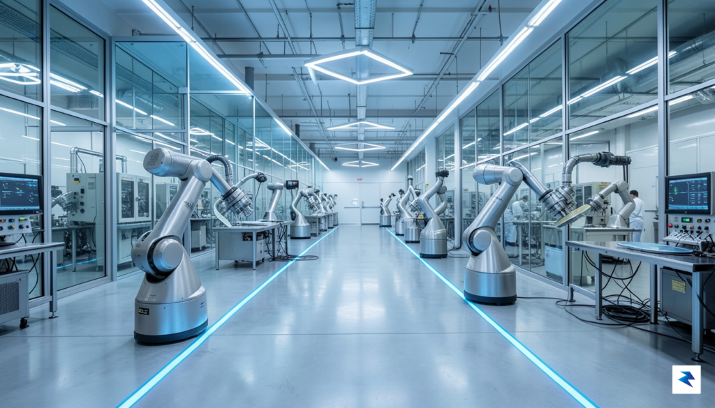 A modern, high-tech semiconductor fabrication plant interior with clean-room robotic…