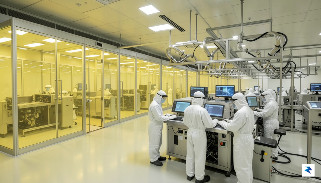 A wide-angle interior shot of a modern, high-tech semiconductor fabrication…
