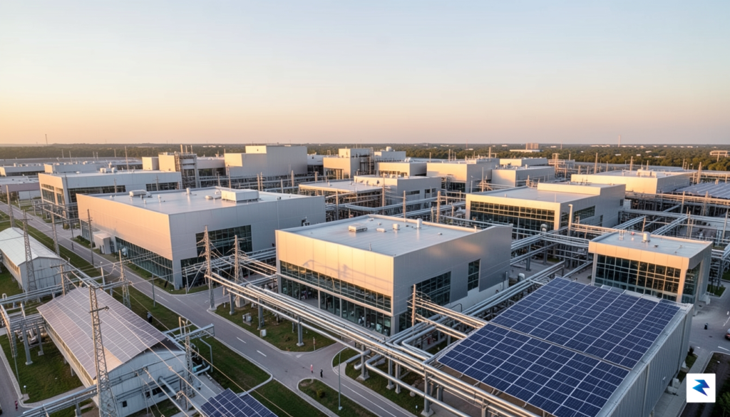 An aerial view of a massive, modern semiconductor fabrication plant…