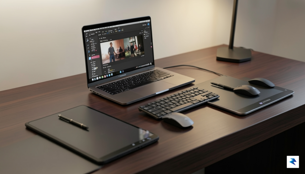 A sleek, modern desk setup featuring a high-end laptop, a&hellip;