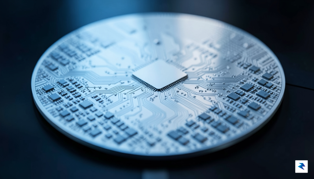 A conceptual close-up shot of a modern semiconductor wafer illuminated&hellip;