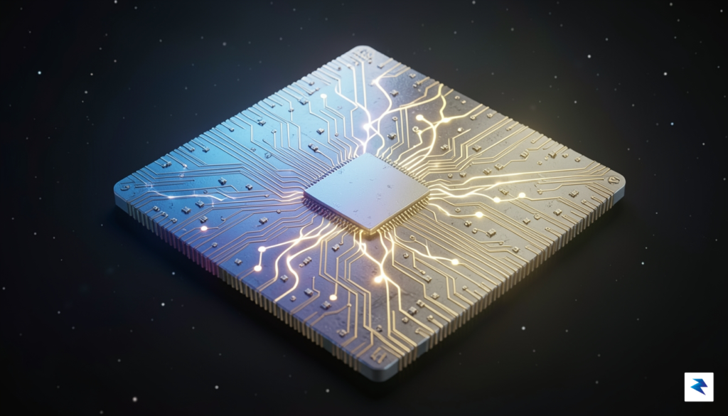 A high-tech, futuristic 3D render of a silicon chip wafer&hellip;