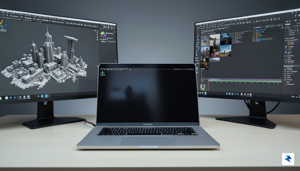 A close-up, high-tech studio shot of a modern Mac workstation&hellip;