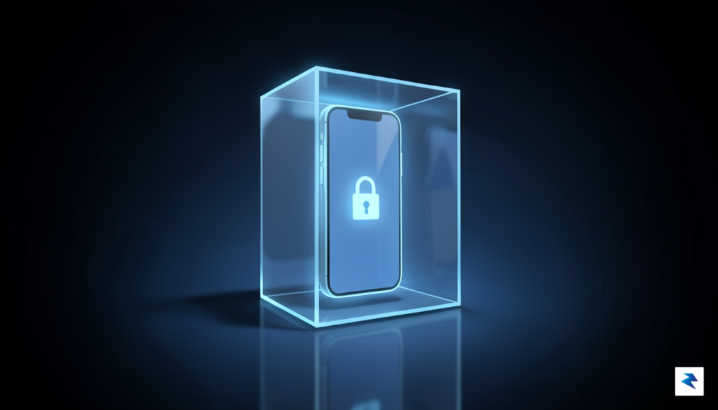 A conceptual digital illustration showing a smartphone locked inside a&hellip;