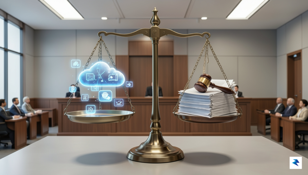 A conceptual image showing a complex legal scale balancing digital&hellip;