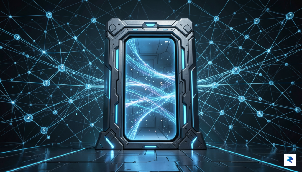 A conceptual digital illustration showing a high-tech fortress gate representing&hellip;