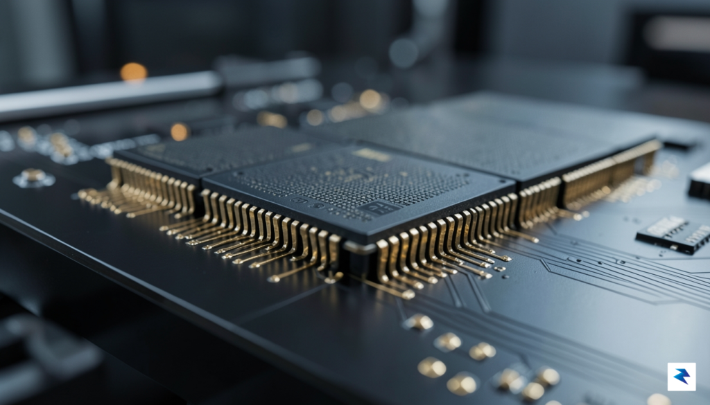 A close-up, high-tech photograph of a modern computer memory module&hellip;