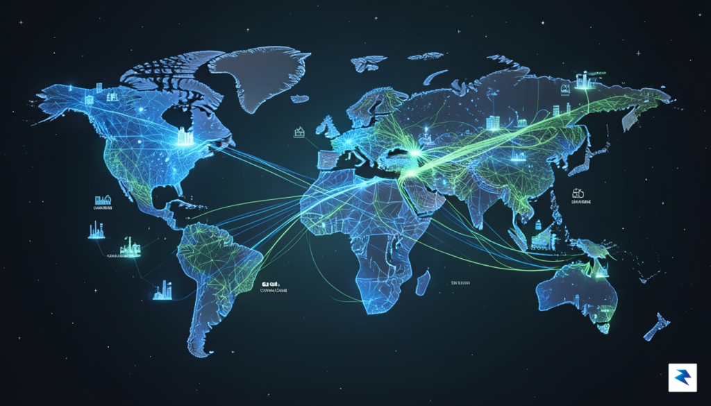 A sleek, high-tech conceptual illustration showing a global digital map&hellip;