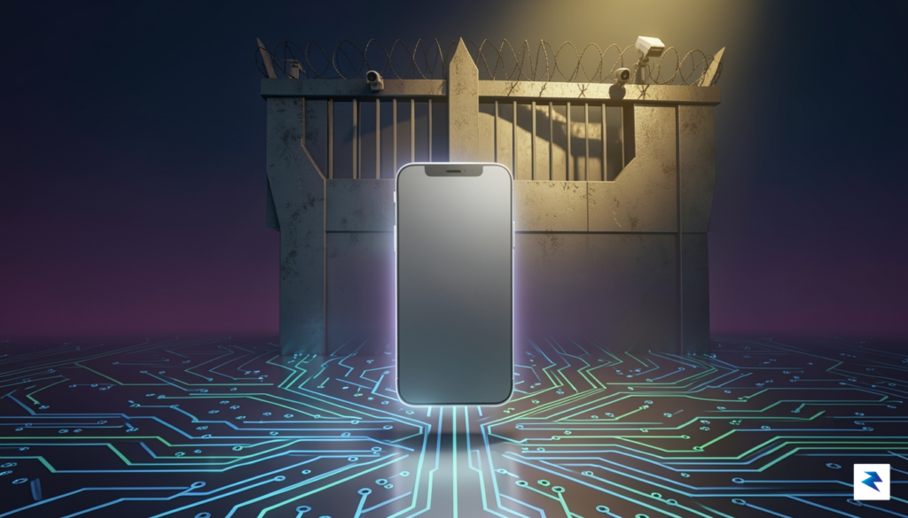 A conceptual digital illustration showing a high-tech smartphone silhouette suspended&hellip;