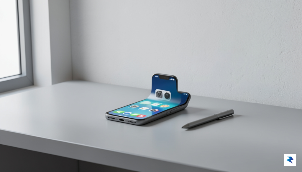 A sleek, minimalist concept render of a foldable iPhone sitting&hellip;