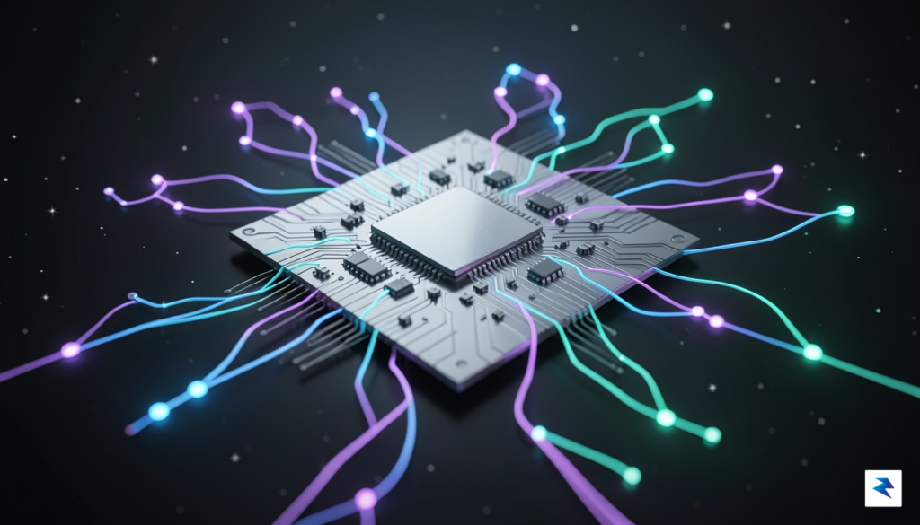 A sleek, high-tech abstract visualization of a silicon chip die&hellip;