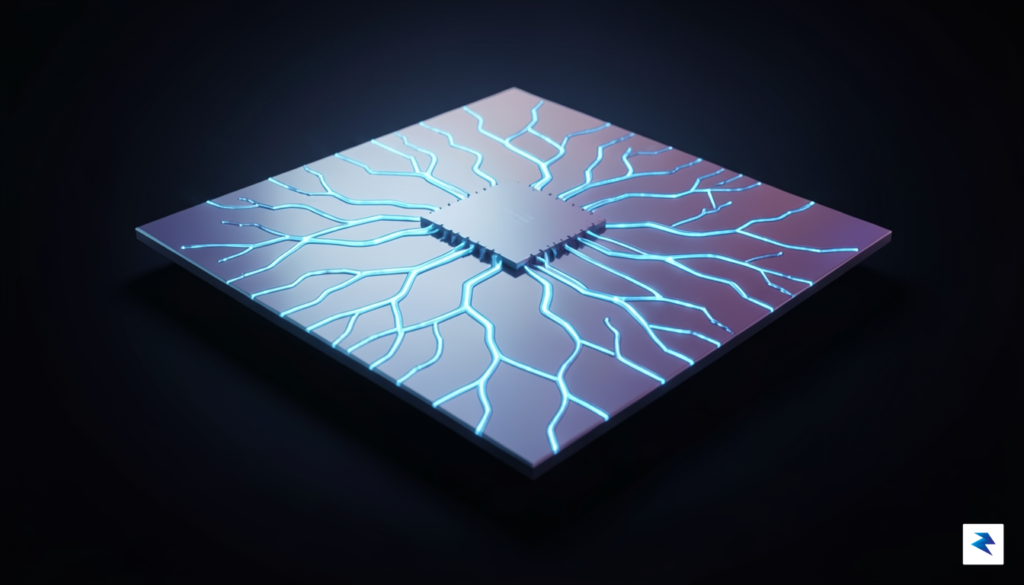 A sleek, high-tech conceptual visualization of a silicon chip substrate&hellip;