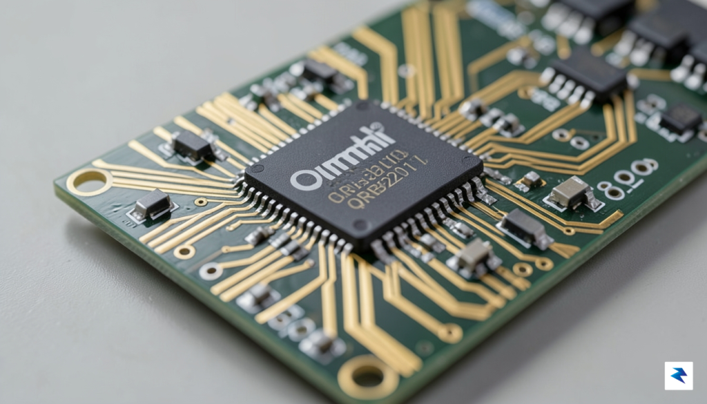 A close-up macro photograph of the Qualcomm QRB2210 processor on&hellip;