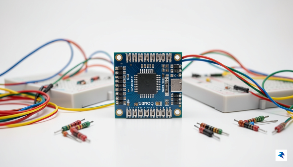 A close-up, high-definition studio photograph of an Arduino Uno Q&hellip;