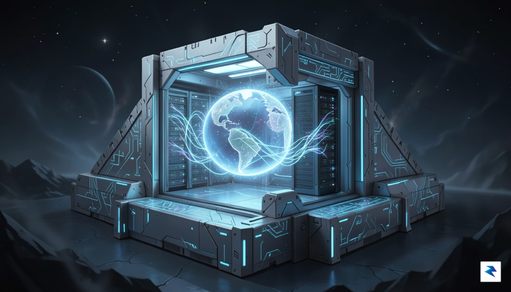 A conceptual illustration of a digital fortress protecting a globe,&hellip;