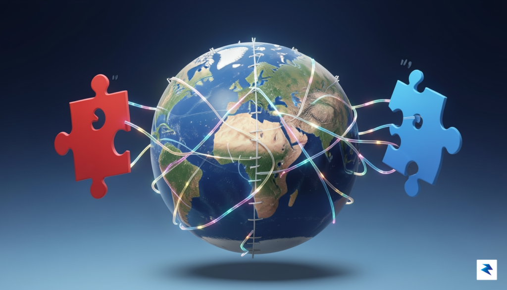 A conceptual digital illustration showing a globe being stitched together&hellip;